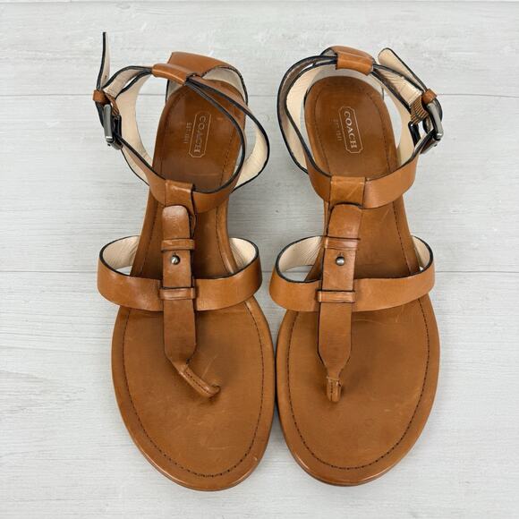 Coach Vivian Leather Thong Sandals Size 11 B Brown Strappy Low Wedge Classic - Picture 4 of 14
